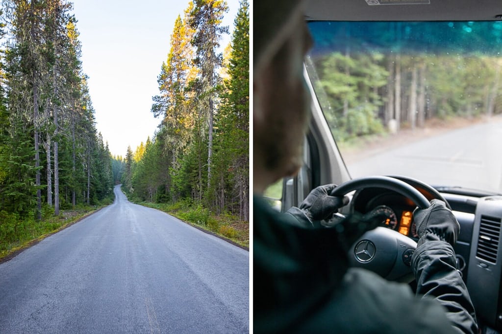 Driving down a forest road in an RV