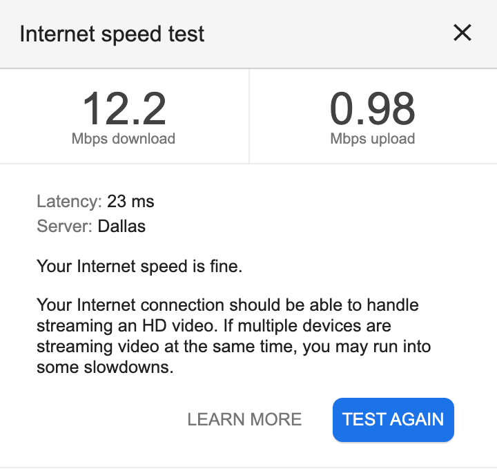 The results of an internet speed test showing connectivity